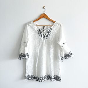 Mushka by Sienna Rose Womens Blouse Tunic Quarter Bell Sleeve Aztec White Medium